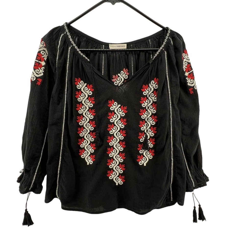 Ulla Johnson Top Size 4 Black Embroidered Boho Flowy Oversized Blouse Shirt
